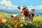 Two cows on a green alpine meadow, generated by AI