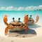 Two crabs with their claws up and their beaks are sitting on a beach.