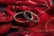 two cracked wedding rings on a heart-shaped red velvet
