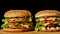 Two craft beef burgers on wooden table isolated on dark grayscale background.
