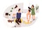 Two creative girl making hairstyle to parents having fun at home vector flat illustration. Mother and father playing to