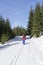 Two cross-country Skiers runs on groomed ski track in sunny winter day.