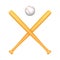 Two crossed baseball bats with small white ball