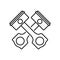 Two crossed car motor piston icons. Linear logo for engine repair. Black simple illustration. Contour isolated vector on white