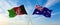 two crossed flags Afghanistan and Australia waving in wind at cloudy sky. Concept of relationship, dialog, travelling between two