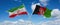 two crossed flags Afghanistan and Iran waving in wind at cloudy sky. Concept of relationship, dialog, travelling between two
