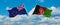 two crossed flags Afghanistan and New Zealand waving in wind at cloudy sky. Concept of relationship, dialog, travelling between