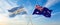 two crossed flags Argentina and Australia waving in wind at cloudy sky. Concept of relationship, dialog, travelling between two