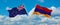 two crossed flags Armenia and New Zealand waving in wind at cloudy sky. Concept of relationship, dialog, travelling between two