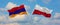 two crossed flags Armenia and Poland waving in wind at cloudy sky. Concept of relationship, dialog, travelling between two