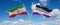 two crossed flags asexuality Pride and Iran waving in wind at cloudy sky. Concept of relationship, dialog, travelling between two
