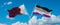 two crossed flags asexuality Pride and Qatar waving in wind at cloudy sky. Concept of relationship, dialog, travelling between two