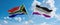 two crossed flags asexuality Pride and South Africa waving in wind at cloudy sky. Concept of relationship, dialog, travelling