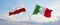 two crossed flags Belarus and Italy waving in wind at cloudy sky. Concept of relationship, dialog, travelling between two