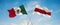 two crossed flags Belarus and mexico waving in wind at cloudy sky. Concept of relationship, dialog, travelling between two