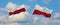 two crossed flags Belarus and Poland waving in wind at cloudy sky. Concept of relationship, dialog, travelling between two
