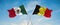 two crossed flags Belgium and mexico waving in wind at cloudy sky. Concept of relationship, dialog, travelling between two
