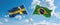 two crossed flags Brazil and Sweden waving in wind at cloudy sky. Concept of relationship, dialog, travelling between two