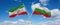 two crossed flags Bulgaria and Iran waving in wind at cloudy sky. Concept of relationship, dialog, travelling between two