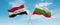 two crossed flags Bulgaria and Iraq waving in wind at cloudy sky. Concept of relationship, dialog, travelling between two