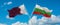 two crossed flags Bulgaria and Qatar waving in wind at cloudy sky. Concept of relationship, dialog, travelling between two