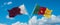 two crossed flags Cameroon and Qatar waving in wind at cloudy sky. Concept of relationship, dialog, travelling between two