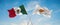 two crossed flags Cyprus and mexico waving in wind at cloudy sky. Concept of relationship, dialog, travelling between two