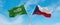 two crossed flags Czech Republic and Saudi Arabia waving in wind at cloudy sky. Concept of relationship, dialog, travelling