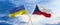 two crossed flags Czech Republic and Ukraine waving in wind at cloudy sky. Concept of relationship, dialog, travelling between two