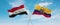 two crossed flags Ecuador and Iraq waving in wind at cloudy sky. Concept of relationship, dialog, travelling between two countries