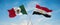 two crossed flags Egypt and mexico waving in wind at cloudy sky. Concept of relationship, dialog, travelling between two countries