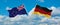 two crossed flags Federal Republic of Germany and New Zealand waving in wind at cloudy sky. Concept of relationship, dialog,