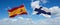 two crossed flags Finland and spain waving in wind at cloudy sky. Concept of relationship, dialog, travelling between two