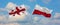two crossed flags Georgia and Poland waving in wind at cloudy sky. Concept of relationship, dialog, travelling between two