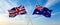 two crossed flags Great Britain and Australia waving in wind at cloudy sky. Concept of relationship, dialog, travelling between