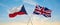 two crossed flags Great Britain and Czech republic waving in wind at cloudy sky. Concept of relationship, dialog, travelling
