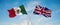two crossed flags Great Britain and mexico waving in wind at cloudy sky. Concept of relationship, dialog, travelling between two