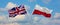 two crossed flags Great Britain and Poland waving in wind at cloudy sky. Concept of relationship, dialog, travelling between two