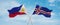 two crossed flags Iceland and Philippines waving in wind at cloudy sky. Concept of relationship, dialog, travelling between two