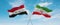 two crossed flags Iran and Iraq waving in wind at cloudy sky. Concept of relationship, dialog, travelling between two countries