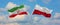 two crossed flags Iran and Poland waving in wind at cloudy sky. Concept of relationship, dialog, travelling between two countries