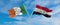 two crossed flags Iraq and Ireland waving in wind at cloudy sky. Concept of relationship, dialog, travelling between two countries