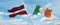 two crossed flags Ireland and Latvia waving in wind at cloudy sky. Concept of relationship, dialog, travelling between two