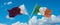 two crossed flags Ireland and Qatar waving in wind at cloudy sky. Concept of relationship, dialog, travelling between two