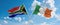 two crossed flags Ireland and South Africa waving in wind at cloudy sky. Concept of relationship, dialog, travelling between two