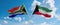 two crossed flags Kuwait and South Africa waving in wind at cloudy sky. Concept of relationship, dialog, travelling between two