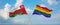 two crossed flags LGBT Pride and Oman waving in wind at cloudy sky. Concept of relationship, dialog, travelling between two