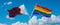 two crossed flags LGBT Pride and Qatar waving in wind at cloudy sky. Concept of relationship, dialog, travelling between two