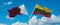 two crossed flags LITHUANIA and Qatar waving in wind at cloudy sky. Concept of relationship, dialog, travelling between two