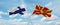 two crossed flags Macedonia and finland waving in wind at cloudy sky. Concept of relationship, dialog, travelling between two